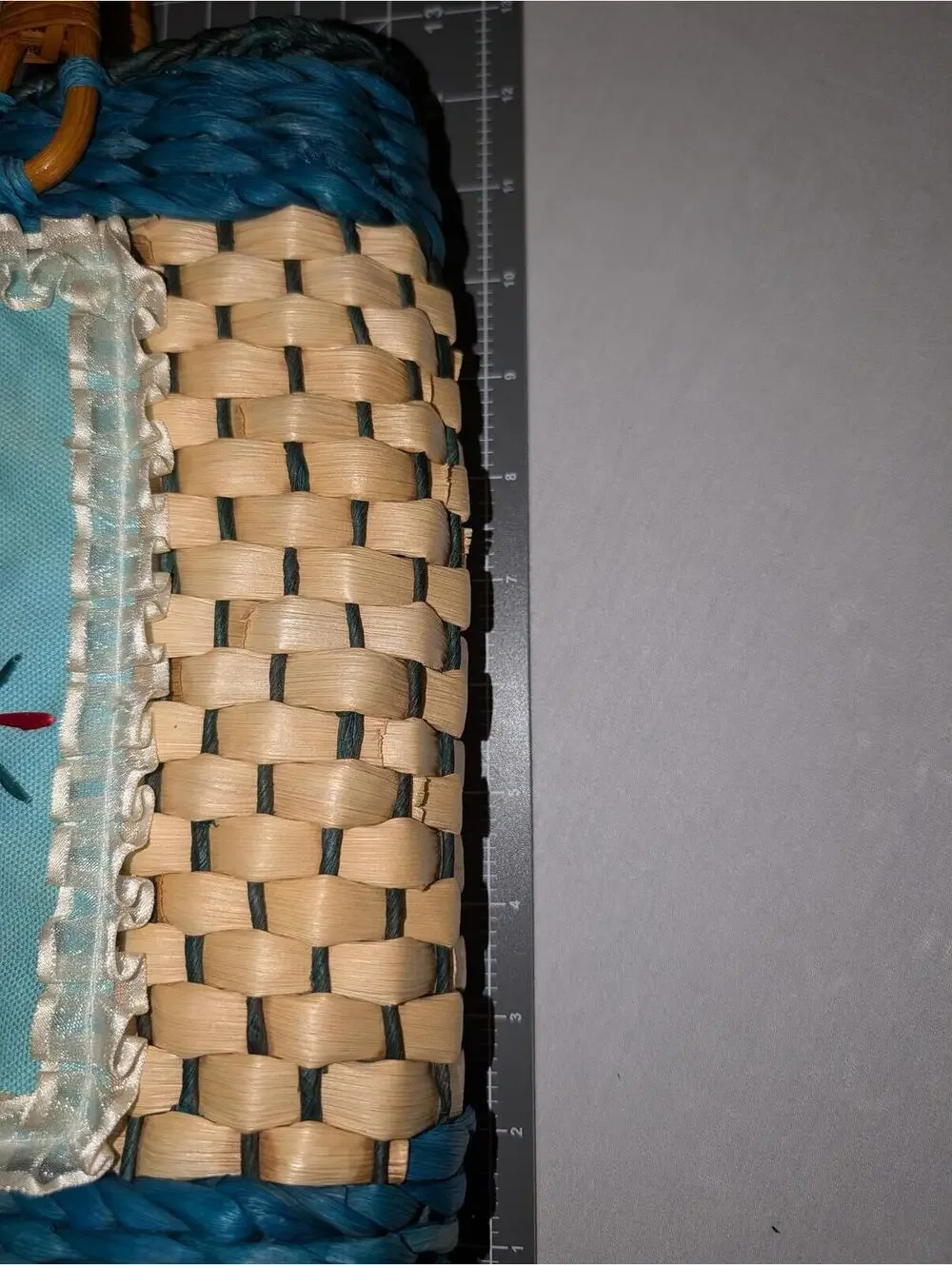 Vintage Unique Handwoven Straw Tote with Embroidered Art Panel Bamboo Handles